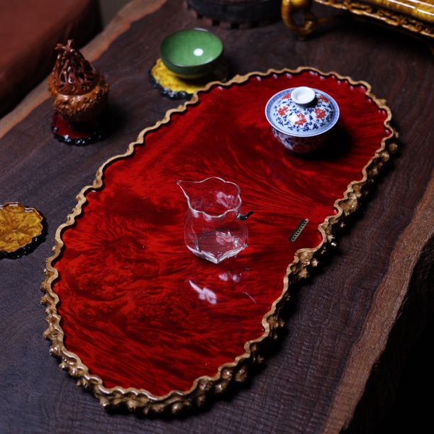 61-32-2.5 缅甸黄金樟干泡茶盘家用缅花满榴花茶具整块实木托盘
