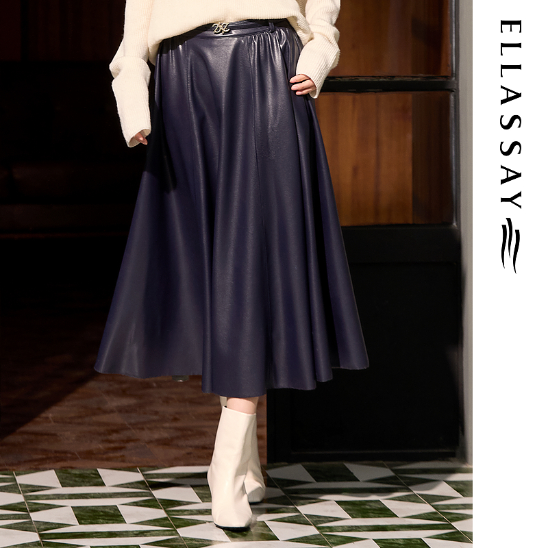 ELLASSAY歌力思2025秋冬新款简约A字藏蓝半身裙女EWE364Q03300