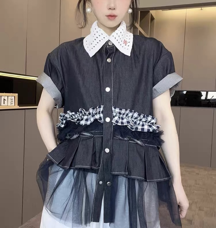 欧货女装南油原创新款网纱拼接格子荷叶边时尚减龄牛仔上衣