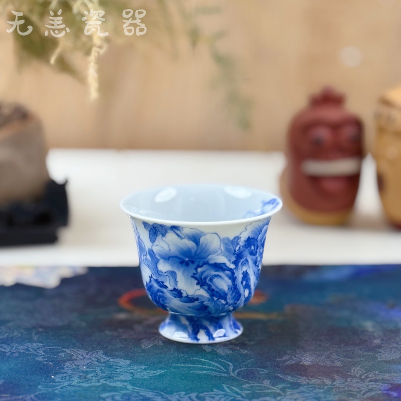 景德镇青花花卉高足铃铛杯主人杯纯手工手绘茶杯品茗杯茶具陶瓷
