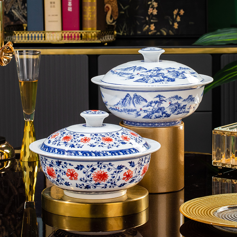正宗景德镇釉下彩高温青花瓷餐具带盖大汤碗品锅汤盆新中式家用