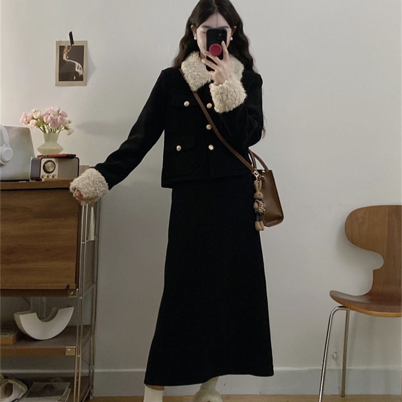 胖颖专属冬季新款夹棉胖mm撞色上衣+半裙时尚套装9382-7