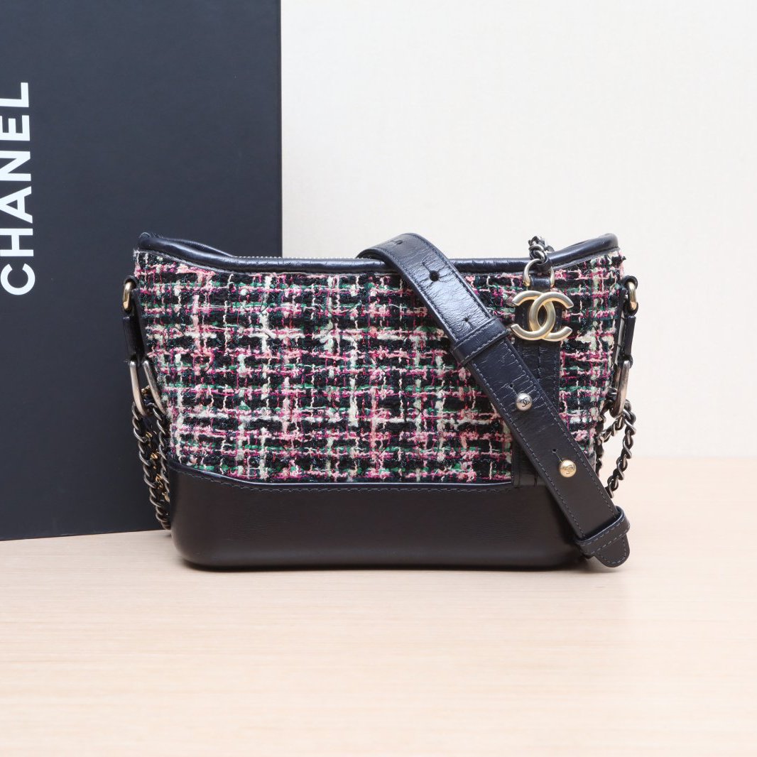 95新 Chanel/香奈儿 黑黑精选 227330流浪包 小号毛呢27开 金银扣