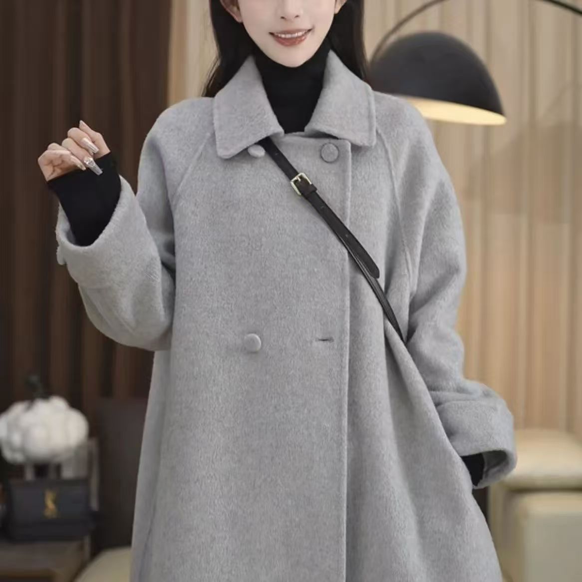 韩版中长款外套双面大衣小个子秋冬女士气质宽松大码毛呢