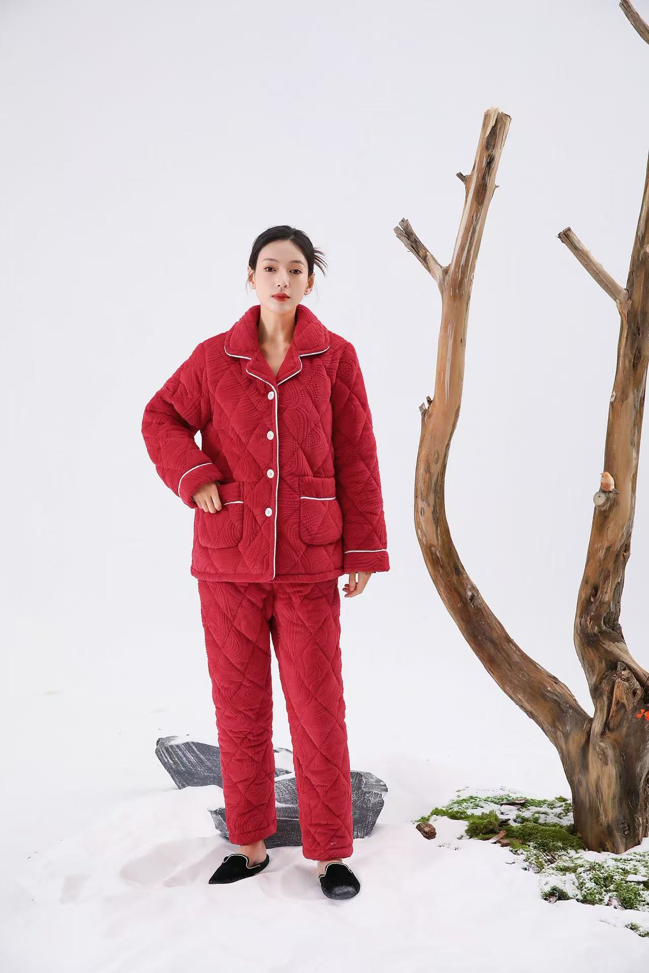 【0266 大红双领】女加厚睡衣冬三层夹棉格纹翻领保暖外出家居套装