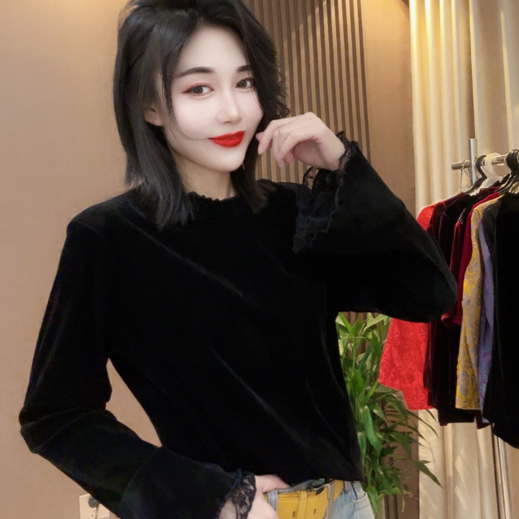 新款高级定制蕾丝袖口丝绒衫J3551