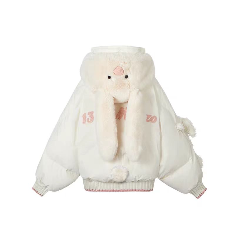 【正确顶顶兔帽熊帽古力娜扎同款】女士拼接连帽外套可爱休闲羽绒服