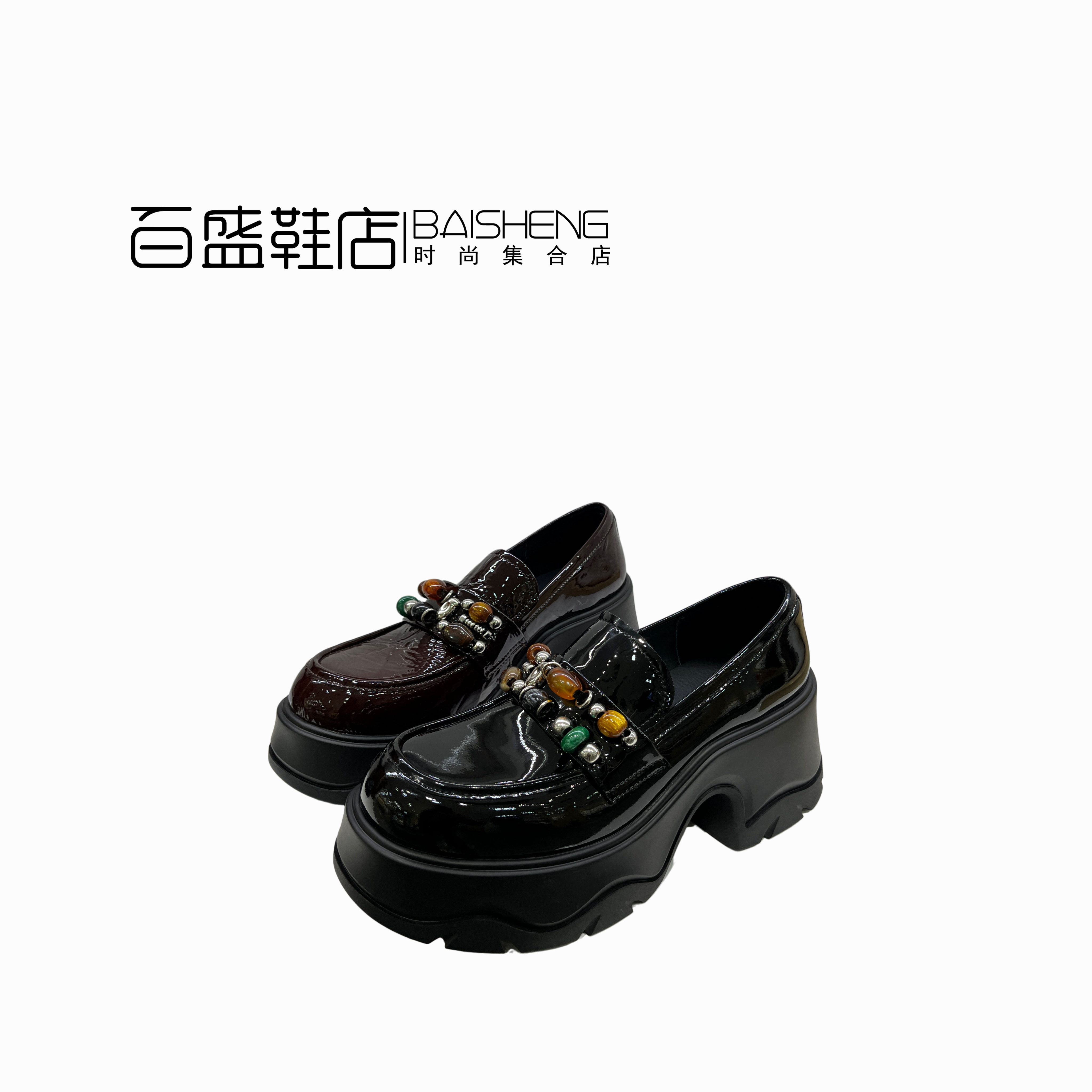 2025秋季粗跟厚底串珠增高牛漆皮女单鞋乐福鞋