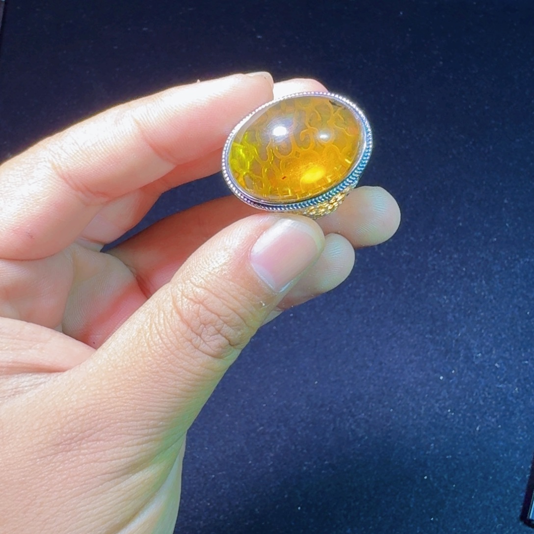 琥珀银S925镶嵌裸石戒指