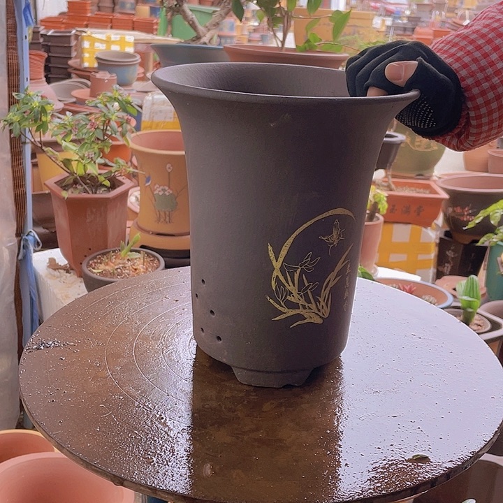 紫砂宜兴紫砂印金兰花盆22