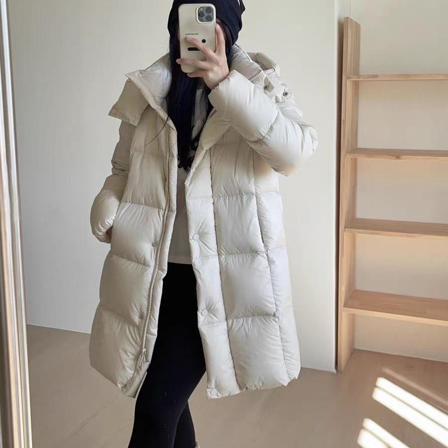 90白鹅绒中长款连帽羽绒服女2025冬季新款时尚加厚韩版小个子外套