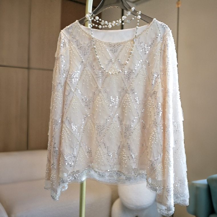 2025秋季时尚长袖立体蕾丝工艺重工亮片短外套上衣