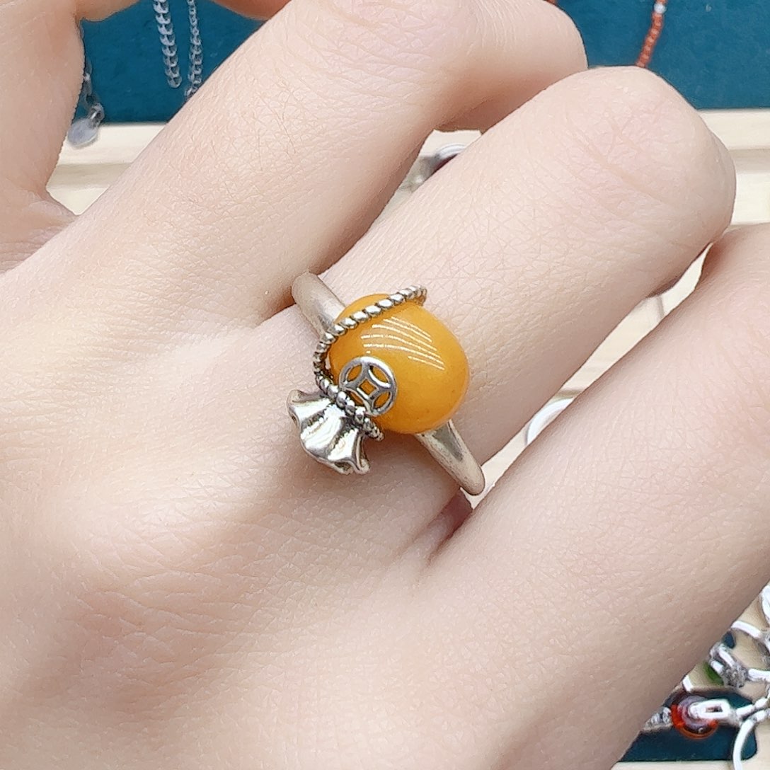 蜜蜡戒指银S925镶嵌天然