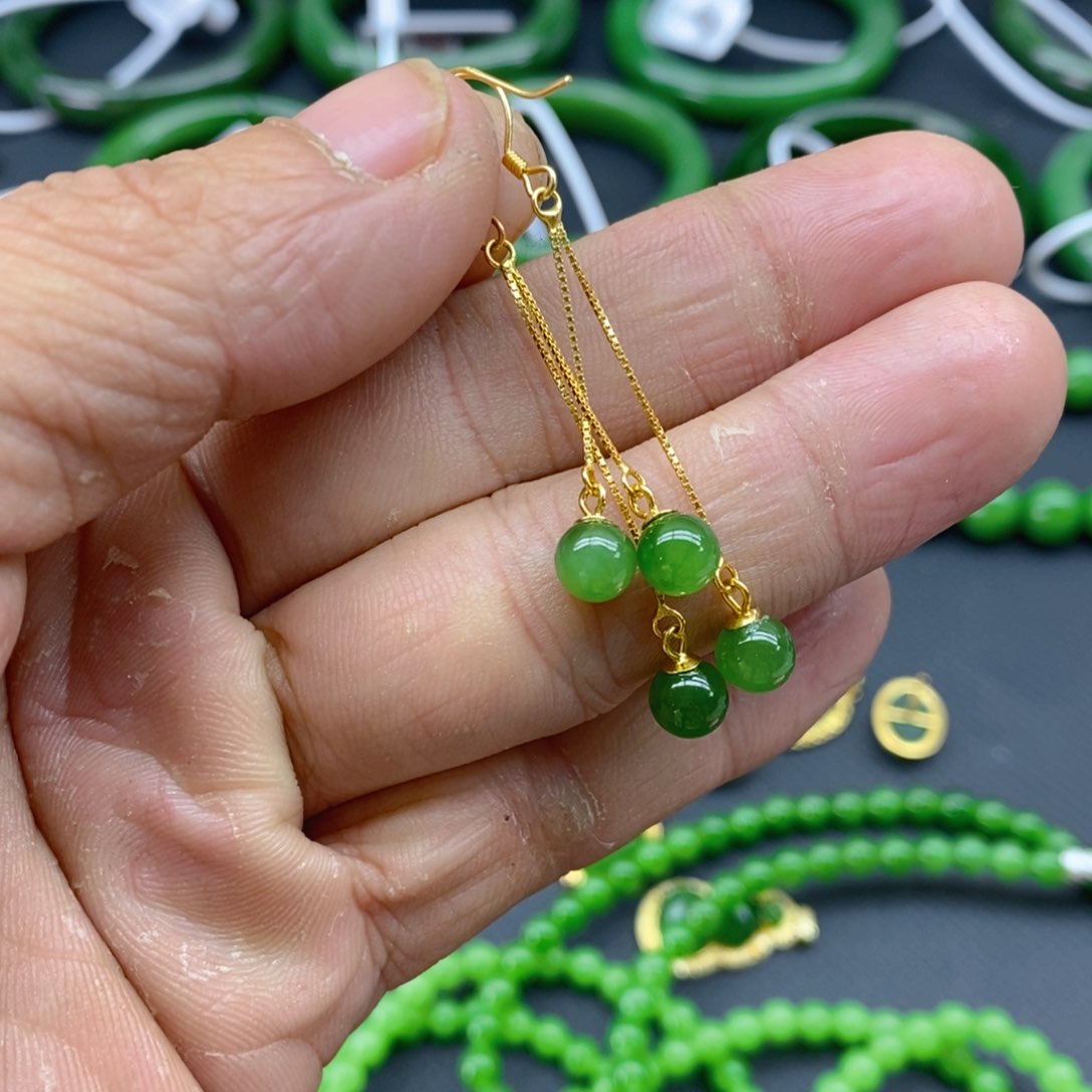 和田玉（碧玉）耳饰银S925镶嵌