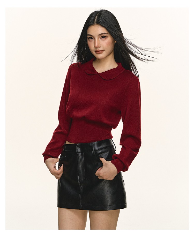 anna aneae圣诞穿搭娃娃领短款针织打底衫女秋冬红色收腰长袖上衣