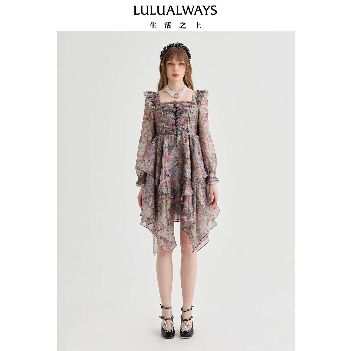 LULUALWAYS我爱露露25春季新款复古宫廷法式浪漫提花飘带连衣裙女