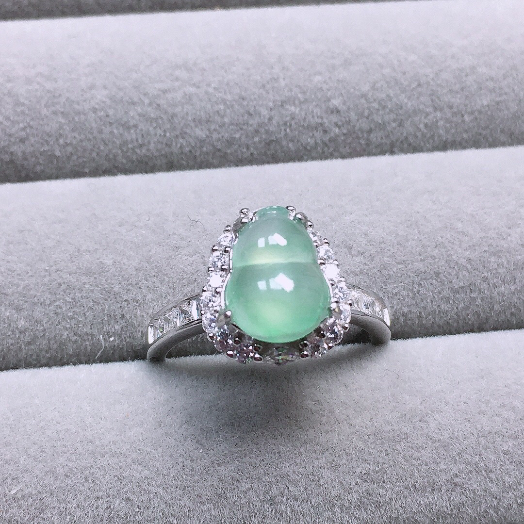 天然缅甸翡翠A货925银镶嵌冰种起光甜绿葫芦戒指