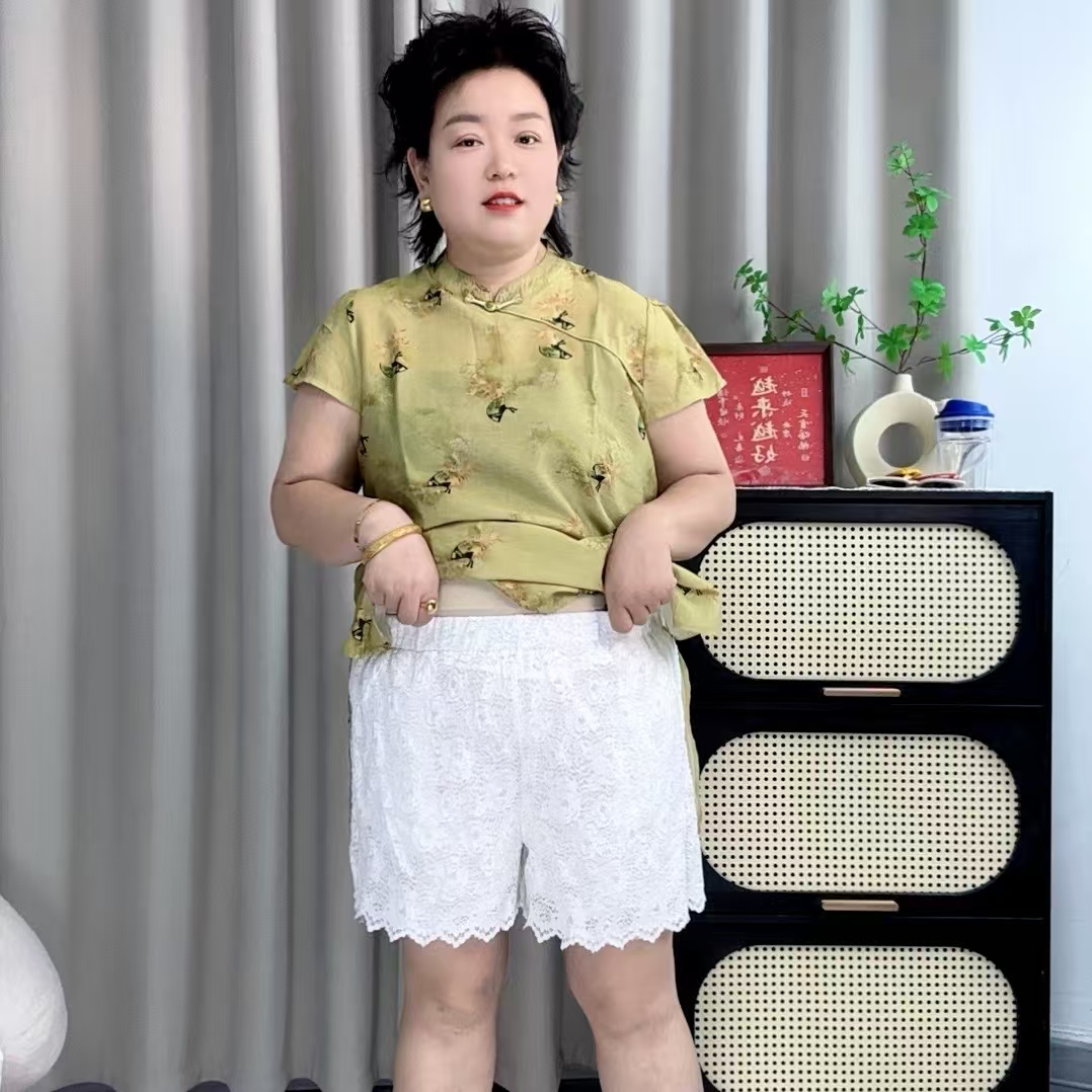 大码夏季新款甜美韩系风重工镂空刺绣花边蕾丝休闲短裤裤子阔腿裤