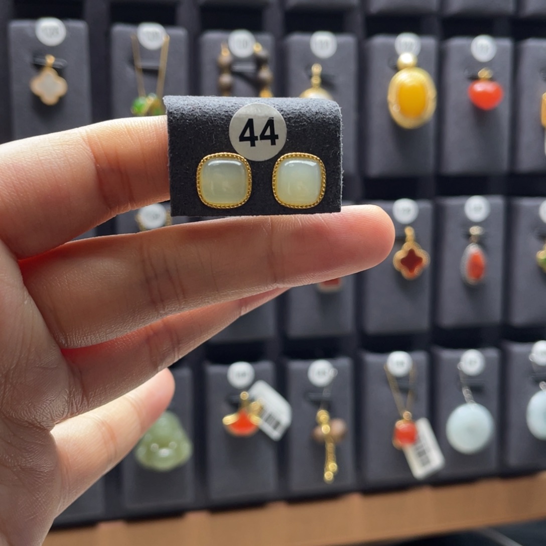 和田玉银S925镶嵌耳饰44号