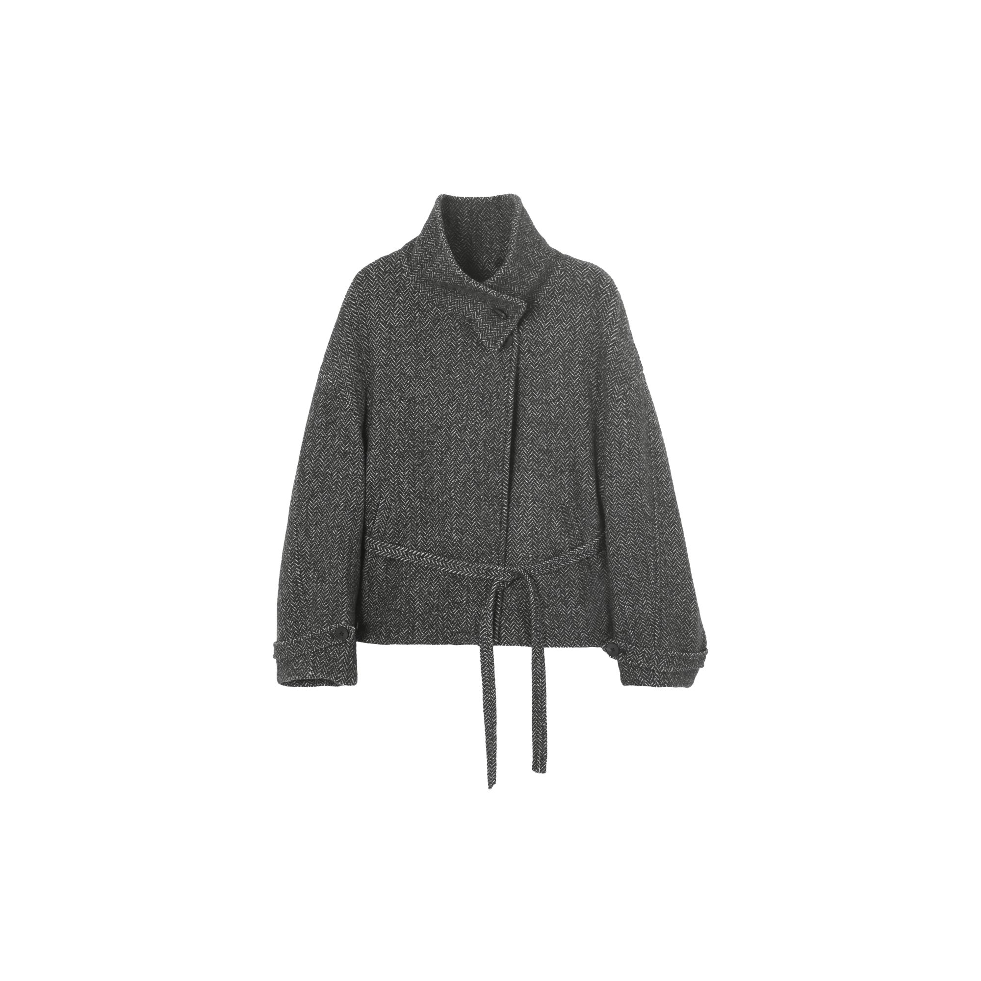 YANFANXI 山羊绒立领毛呢短外套女 肌理感花纱羊毛混纺 收腰系带