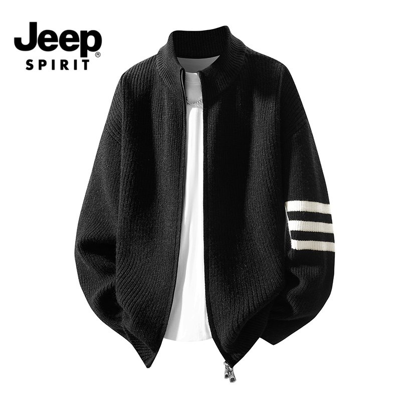 JEEPSPIRIT吉普立领拉链毛衣男款宽松慵懒风春秋季条纹针织衫外套