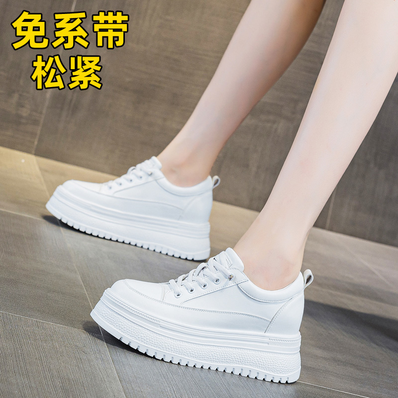 真皮小白鞋女2025春秋新款内增高女鞋免系带坡跟松糕厚底休闲板鞋