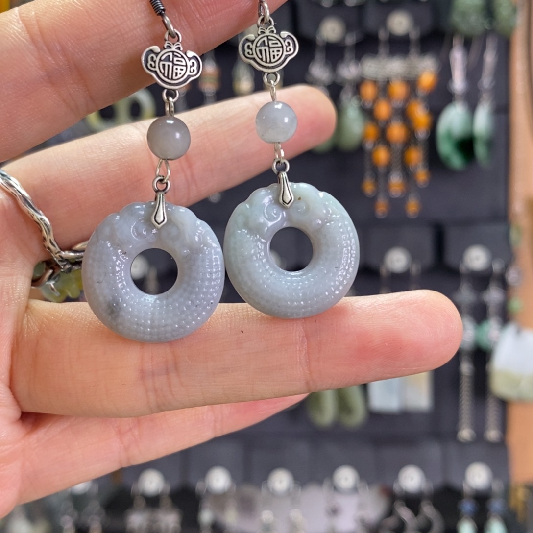 和田玉耳饰银S925镶嵌