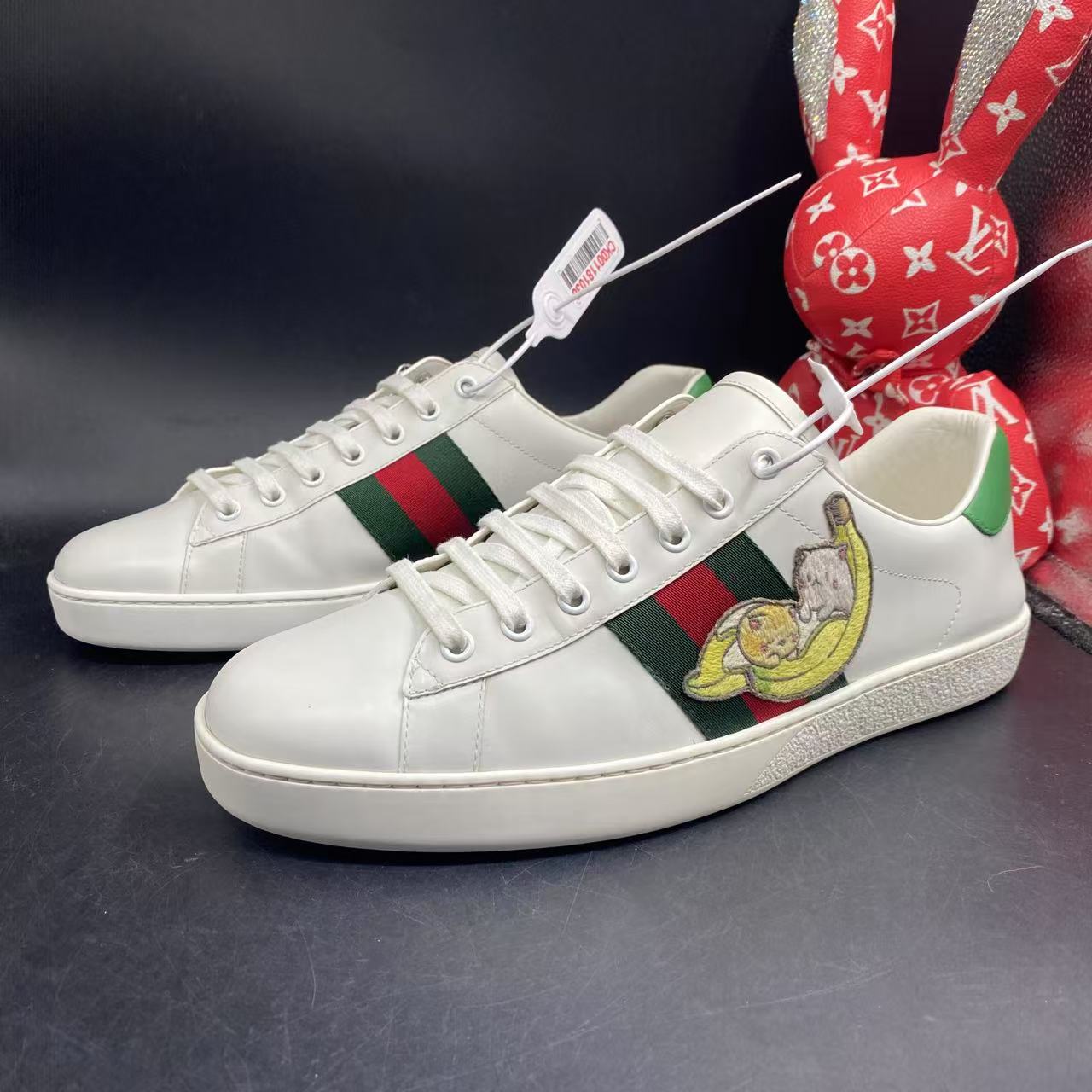 95新 GUCCI/古驰 ACE白色香蕉小猫时尚板鞋43欧码ddm1961