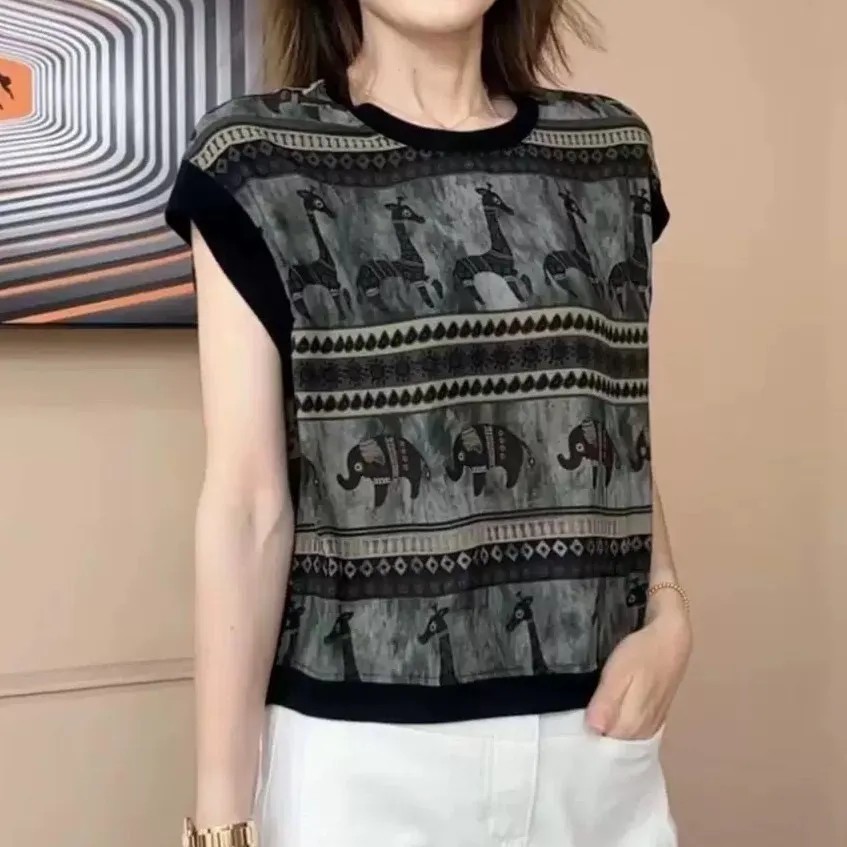 196琪琪女装时尚圆领印花复古无袖薄款T恤显瘦2025夏季新款小衫