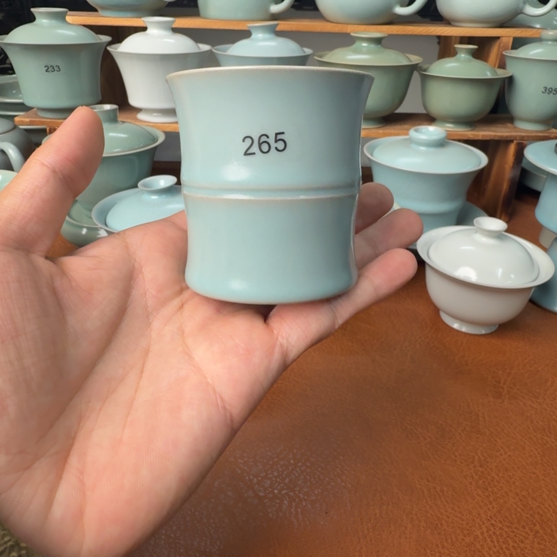 陶摆件一级仿古天青超薄胎竹节杯