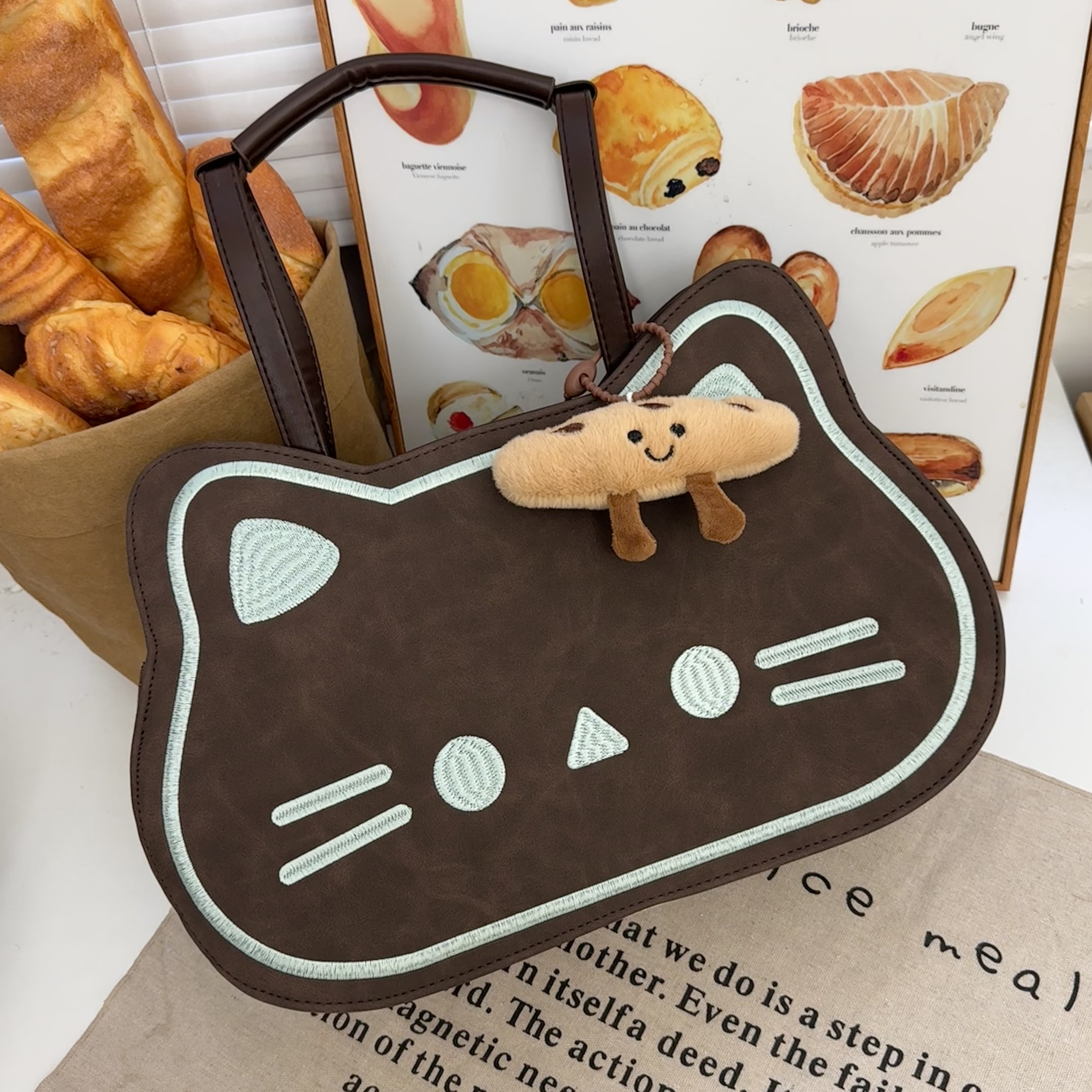 【巧克力饼干猫】咖色可爱设计感刺绣大容量格纹拼接多背单肩双肩包