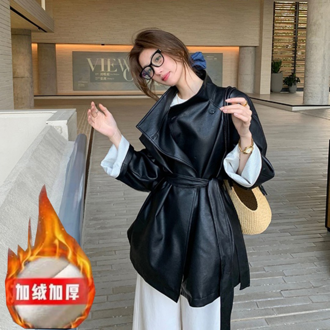 加绒加厚韩女氛围~设计高级感炸街复古黑色PU皮西装皮衣外套女