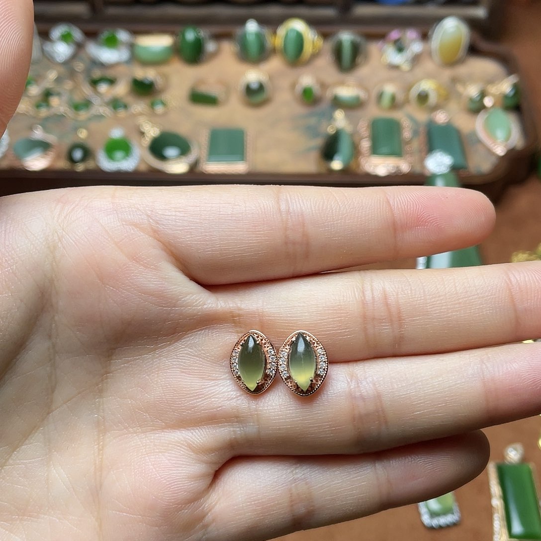 和田玉（碧玉）银S925镶嵌颈饰耳钉