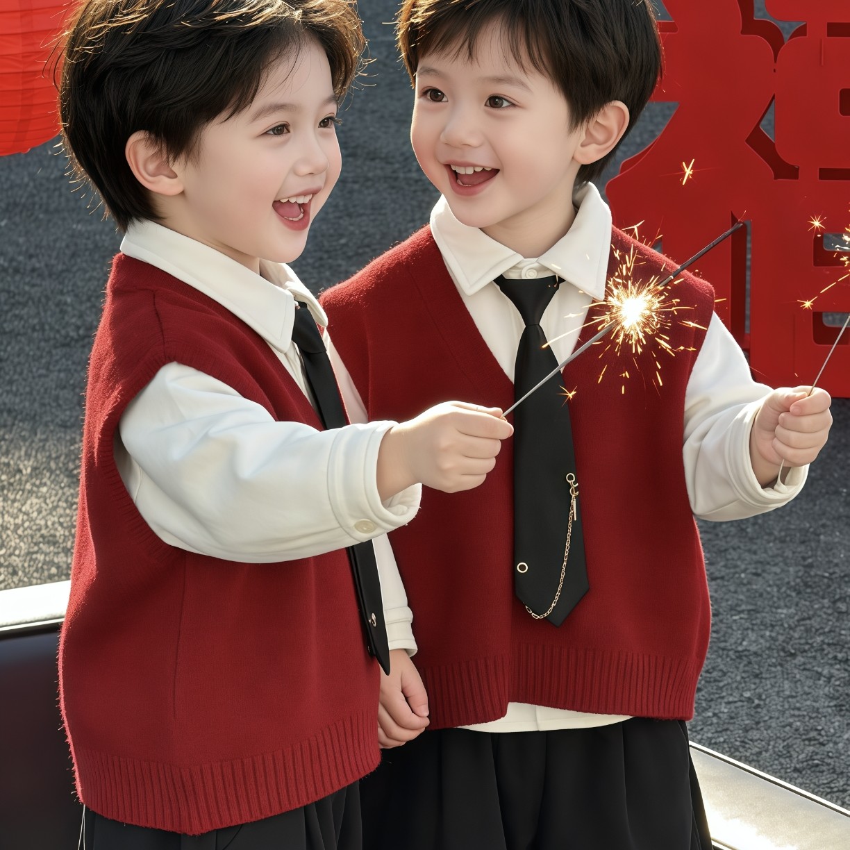 【叠穿核心】男童新年红马甲外穿冬季加绒衬衫新款v领宽松坎肩毛衣