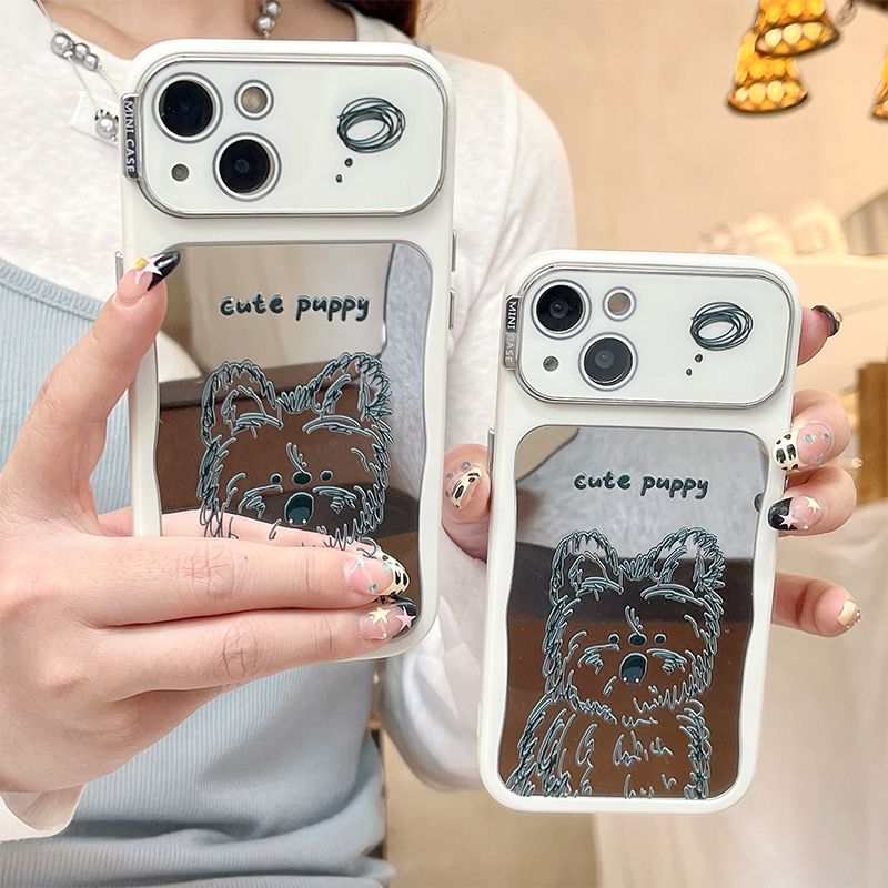 电镀镜头涂鸦素描小狗适用苹果16promax手机壳iPhone15新款14镜面