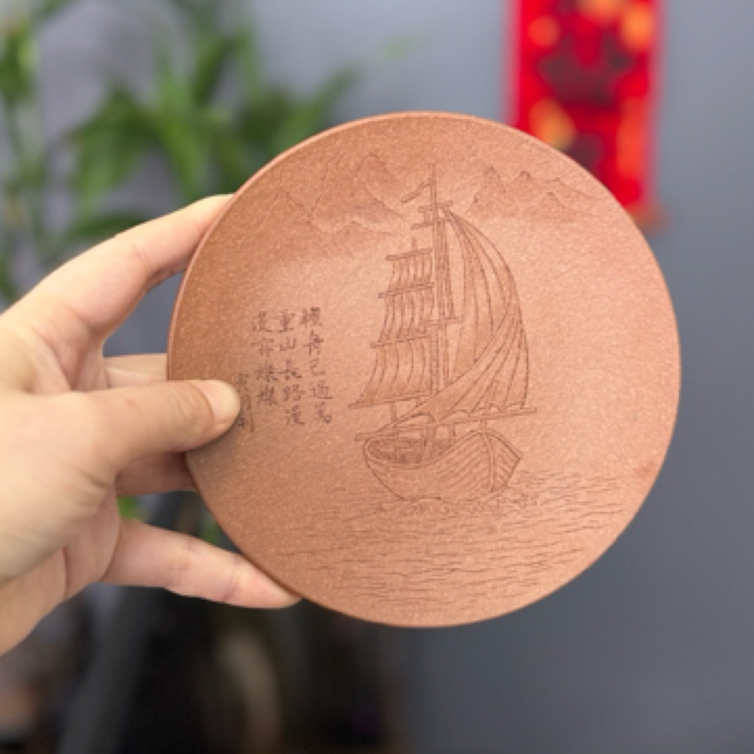 手工茶盘黄降坡手刻船直径14cc紫砂配件