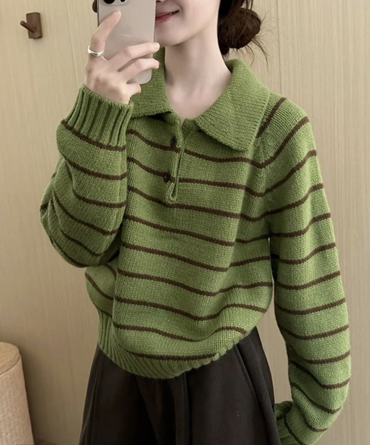 2025新款翻领条纹长袖短款针织毛衣百搭秋季polo绿色