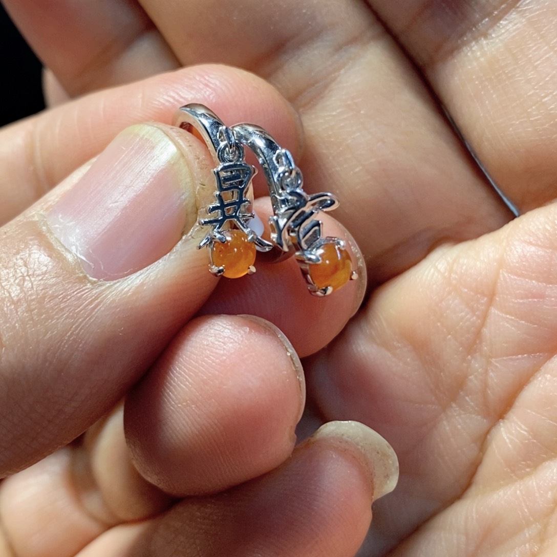 翡翠耳饰银S925镶嵌缅甸翡翠A货耳饰红翡暴富