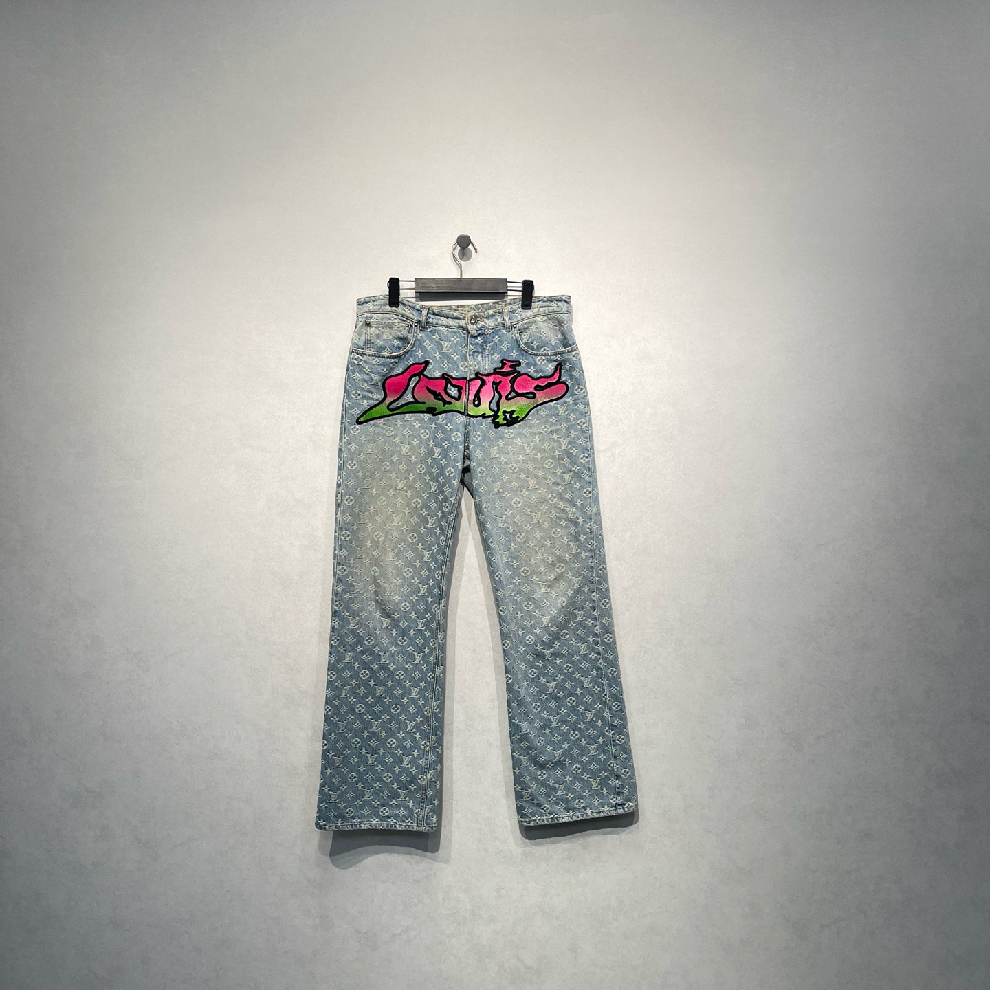 99新 LouisVuitton/路易威登 彩虹logo植绒印花牛仔裤/33码/