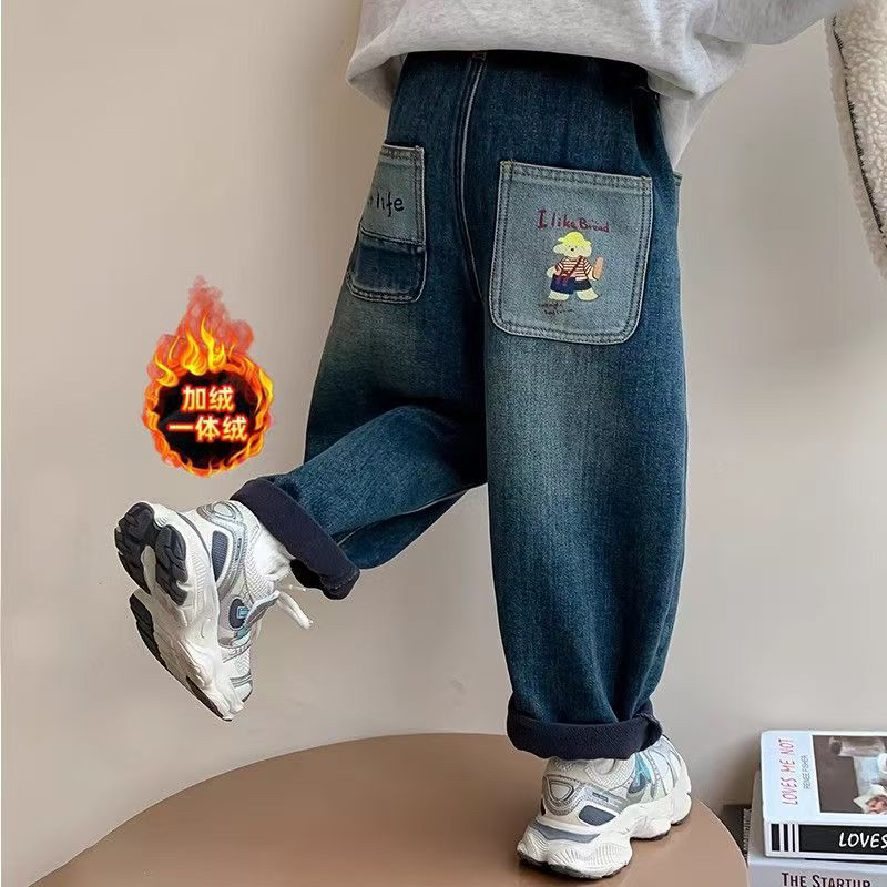 女童加绒裤子秋冬款儿童一体绒牛仔裤2025新款宝宝冬季宽松休闲裤