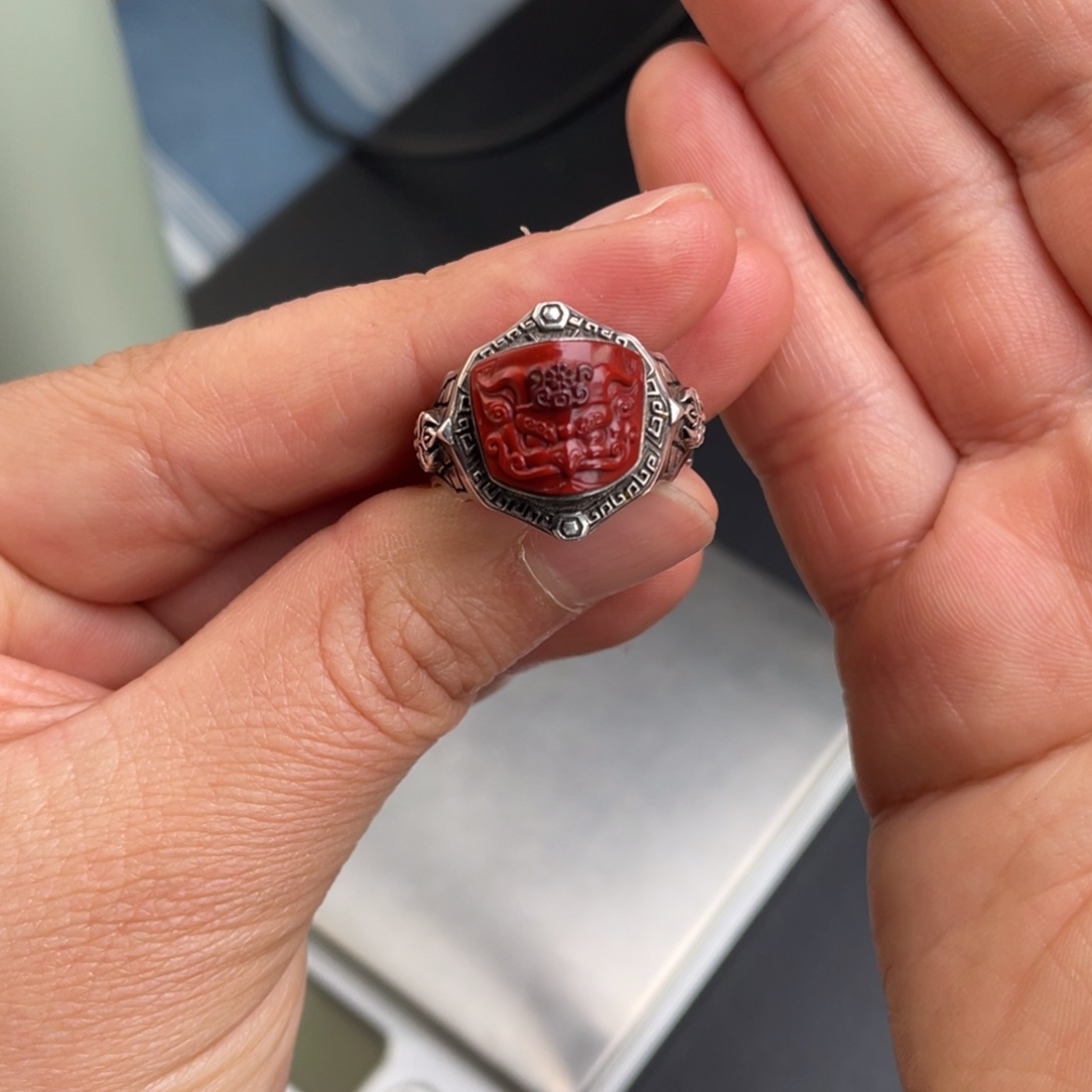南红玛瑙戒指银S925镶嵌