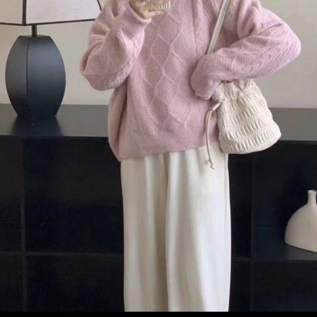 奶油系带抽绳显瘦高腰直筒拖地休闲长裤