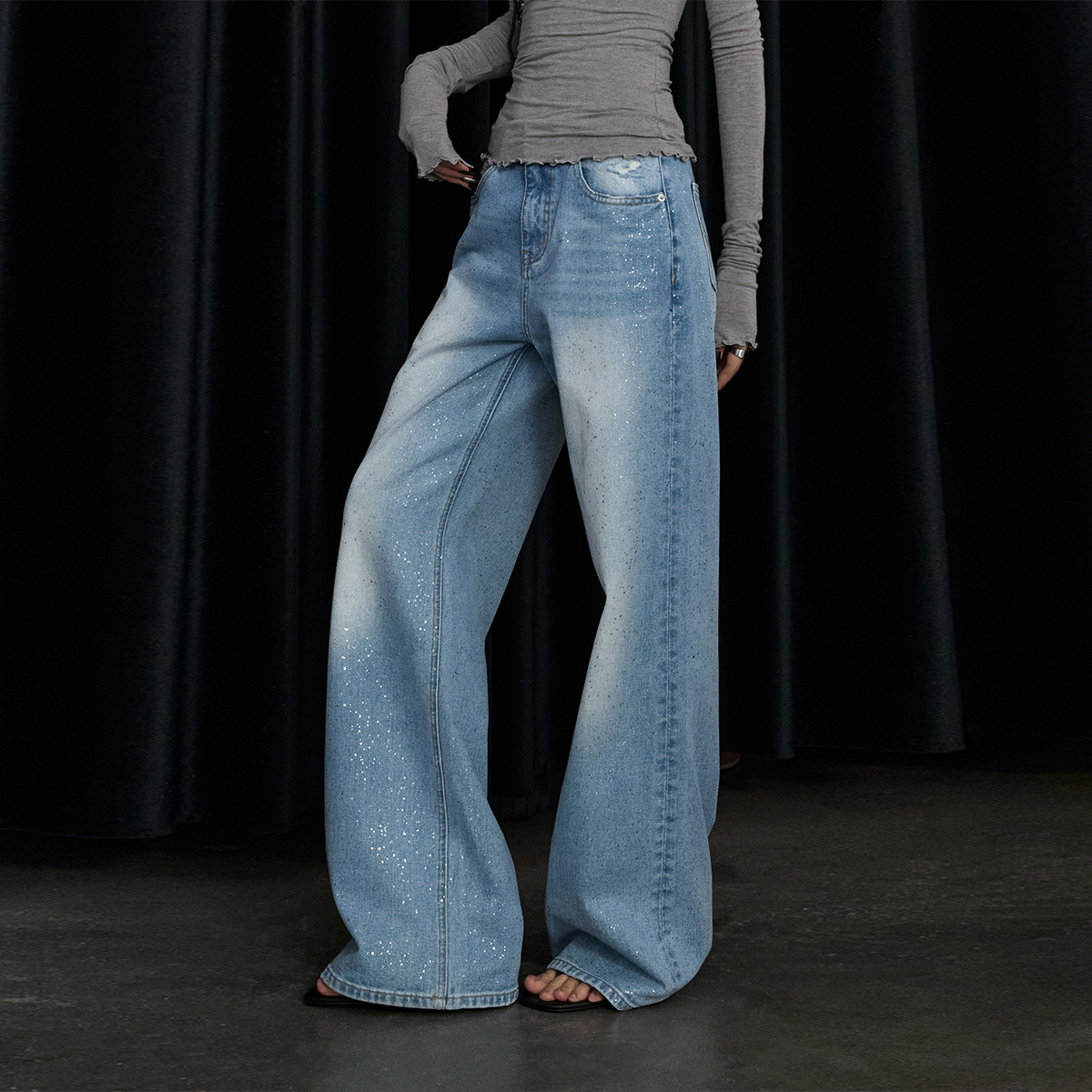 ourhour 满天星亮闪 水洗蓝中腰口袋刺绣宽松牛仔裤 女秋设计感裤