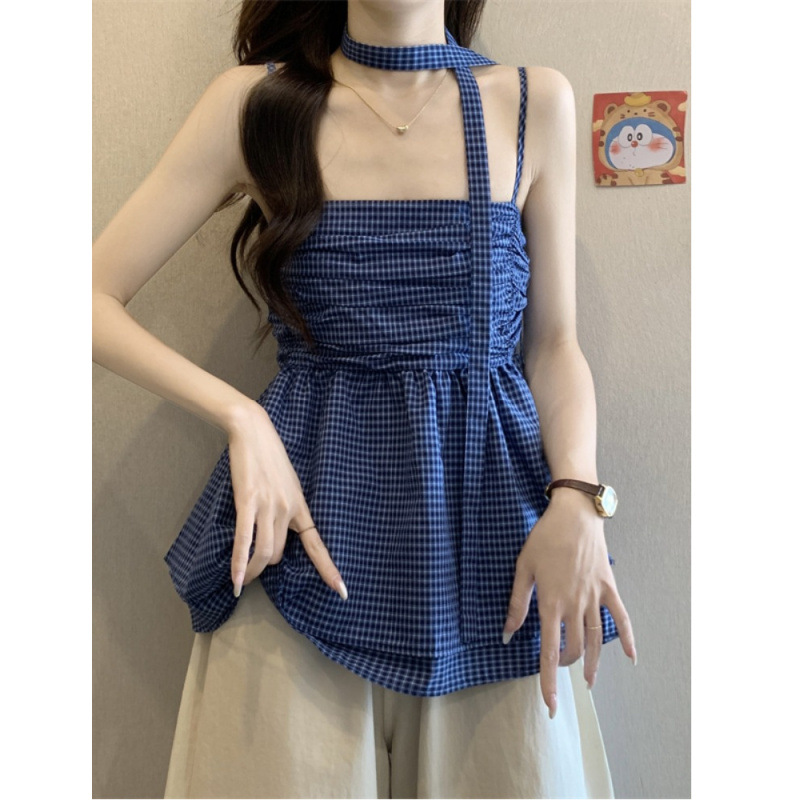 批发【原版面料】蓝色格纹花边裙摆式飘带挂脖吊带背心女夏季褶皱