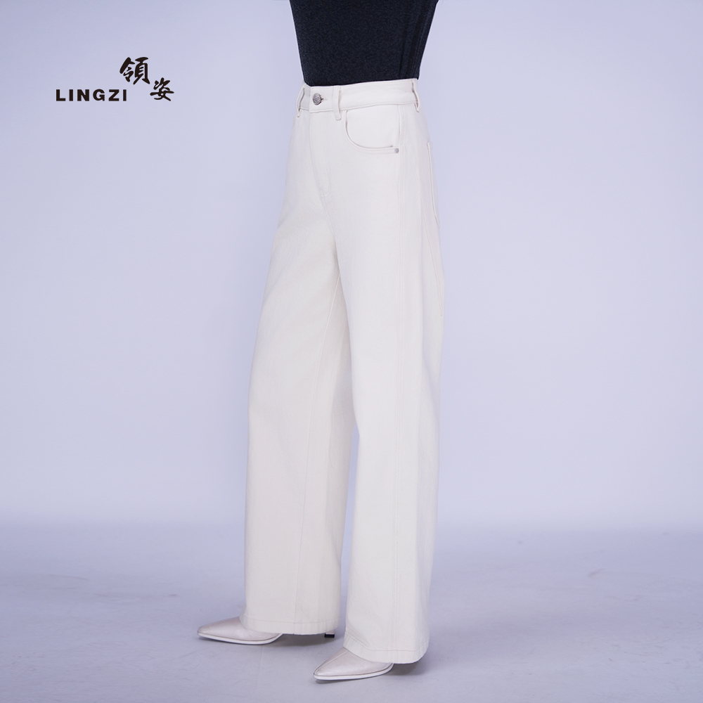 LINGZI/领姿直筒裤秋季微弹女长裤高弹牛仔裤春夏垂感高腰女士
