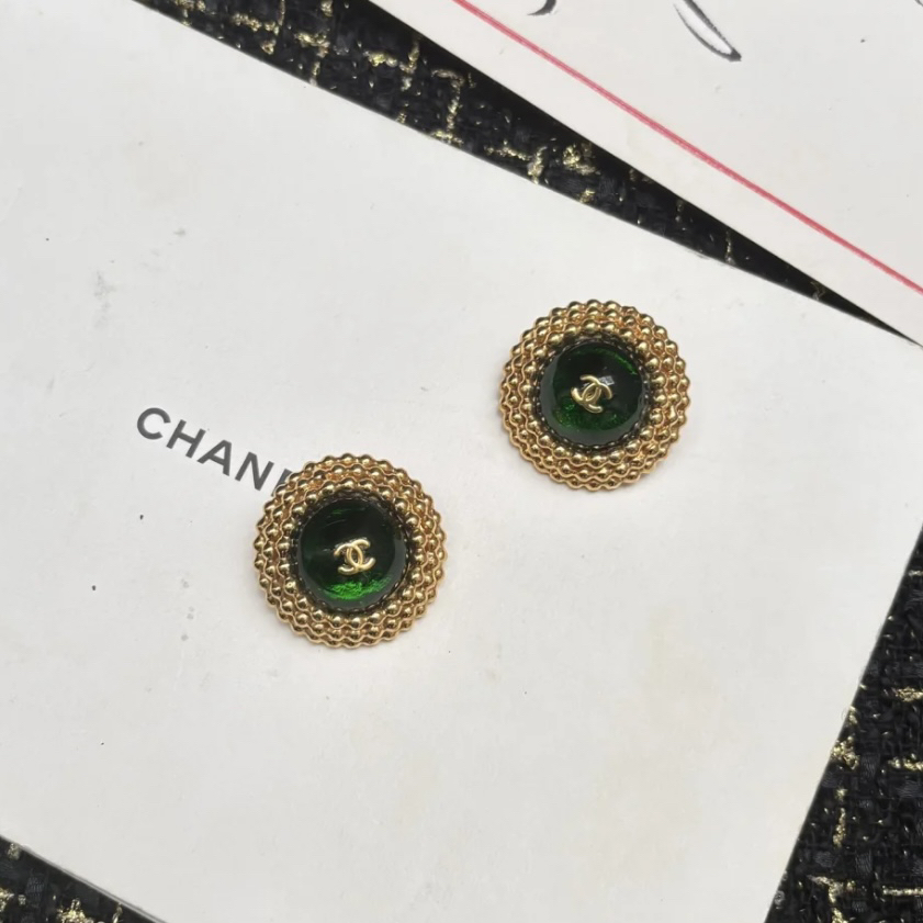 99新 Chanel/香奈儿 绿琉璃波点耳夹