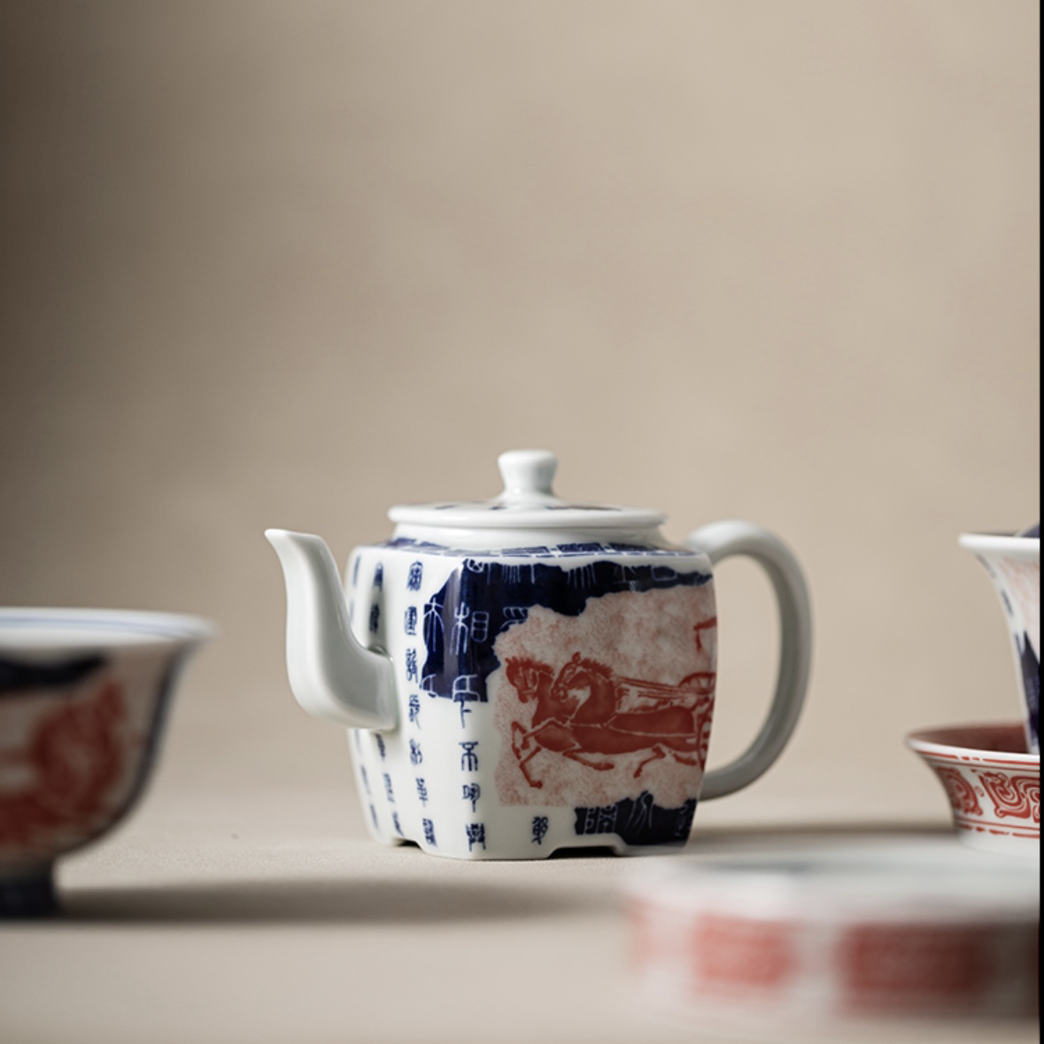 战马四方壶陶瓷茶壶功夫茶具家用泡茶单壶中式简约复古茶壶创意
