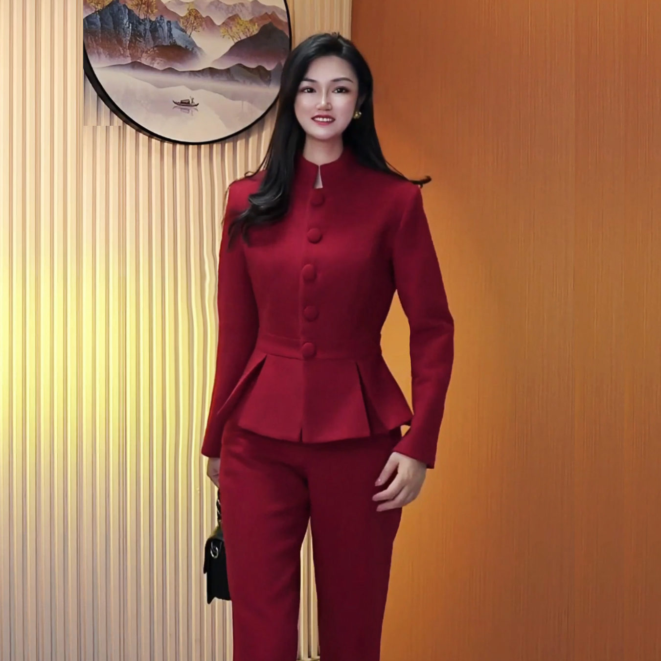 秋冬妮子时尚气质套装名媛修身显瘦女神范高端红色西装加厚套装