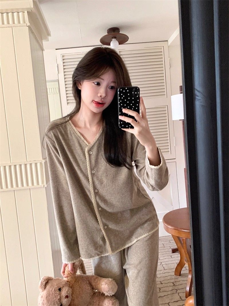 绵羊绒睡衣女秋冬季新款长袖加厚保暖韩系甜美花边开衫家居服套装