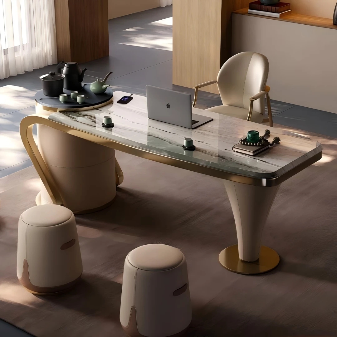 进口天然奢石茶台意式极简家用客厅高级感大理石茶桌椅组合